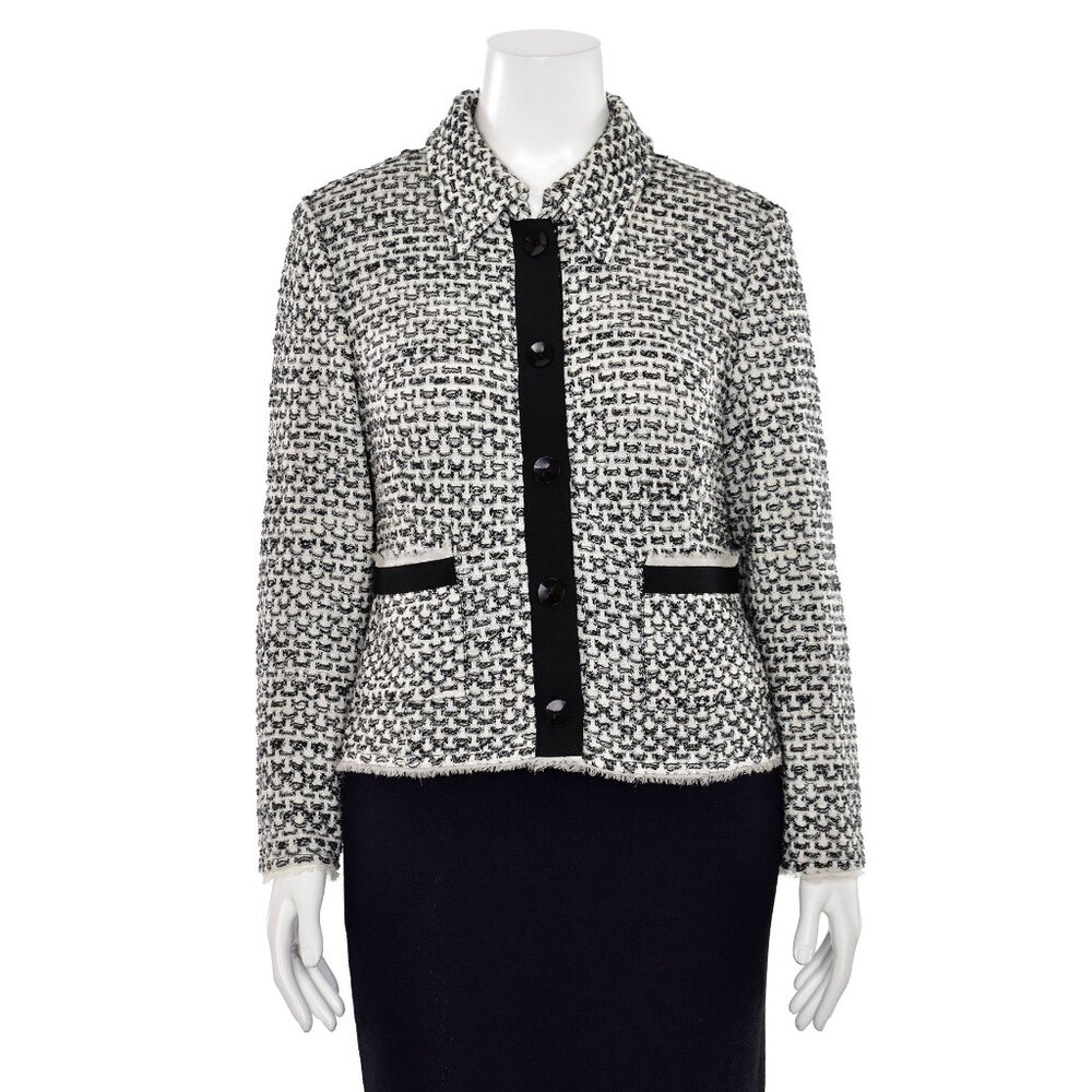 St. John Knits Silk/Grosgrain Trimmed Jacket in Black/Gray/White sz 16